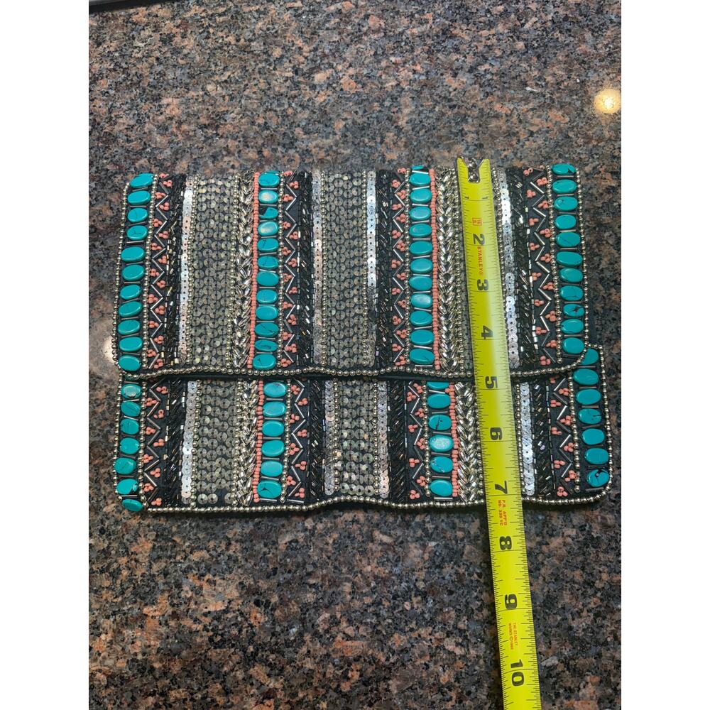 Black Clutch w/Turquoise & Metal Beading 10"x7" Excellent Condition - Picture 5 of 13